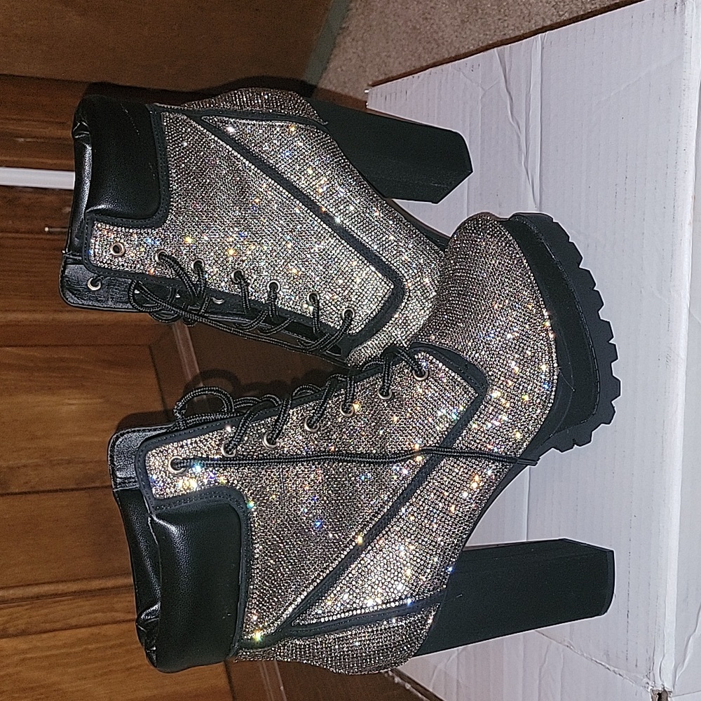 Rhinestone Chunky Heel Ankle Boots NWOT